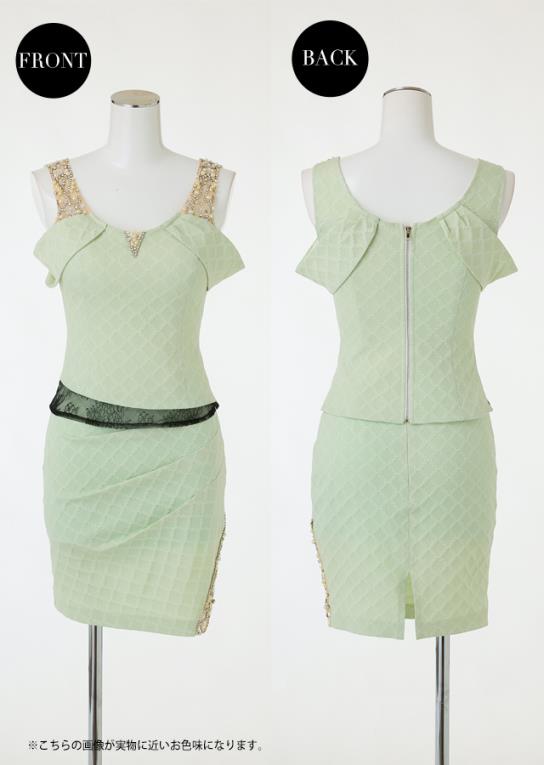 リボンショルダービジューセットアップドレス リボンショルダー刺繍レースドレス/チュール袖/スパンコール