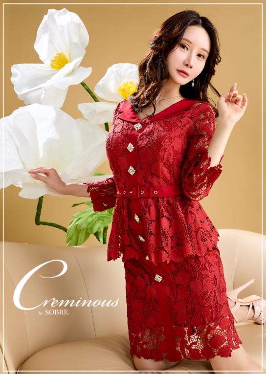 《Creminous》ビジューペプラム総レースワンピース