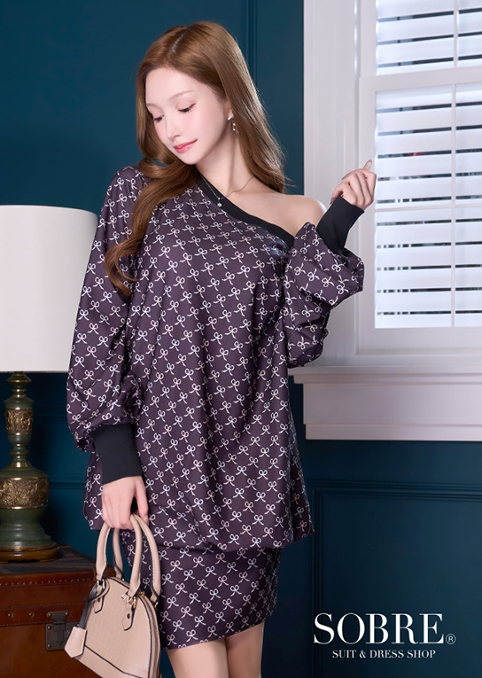 リボンプリントカジュアルワンピース