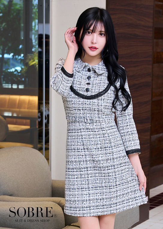 【大感謝祭SALE】配色ブレードニットツイードワンピース 返品交換不可