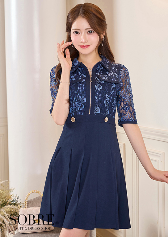 ツートンレースプリーツワンピース