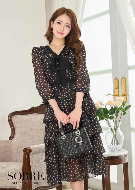 MIXドットフリルミディワンピース