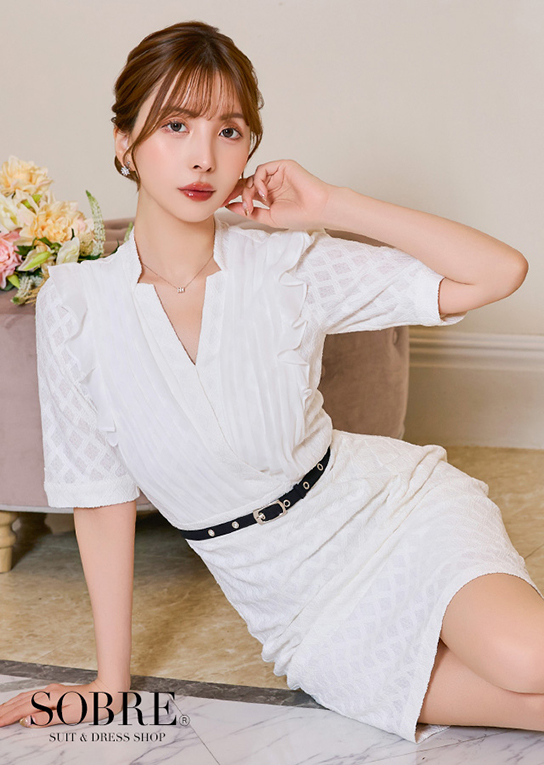 【お腹すっきり見え】レースニットドレープワンピース