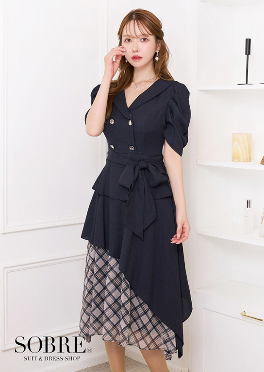 【上品+軽やか】チェックシフォン切替ジャケット風ミディアムワンピース