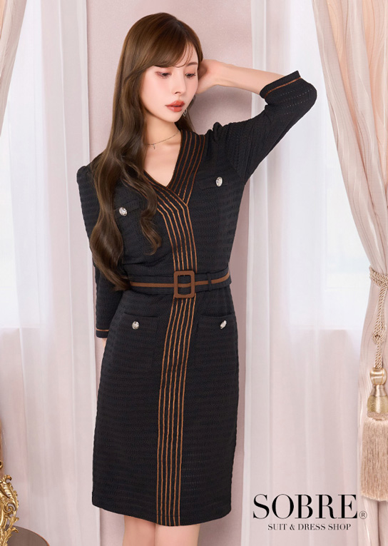 「知的×美シルエット」配色ラインクラシカルワンピース